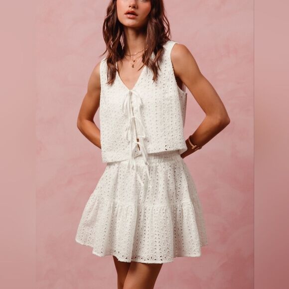 SO ME Floral Eyelet Lace Tie Front Vest Top & Two-Piece Dress Set White sz Large - Picture 5 of 15